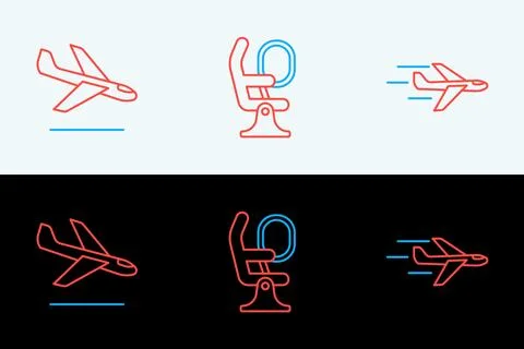 Set line Plane, landing and Airplane seat icon. Vector Stock Illustration