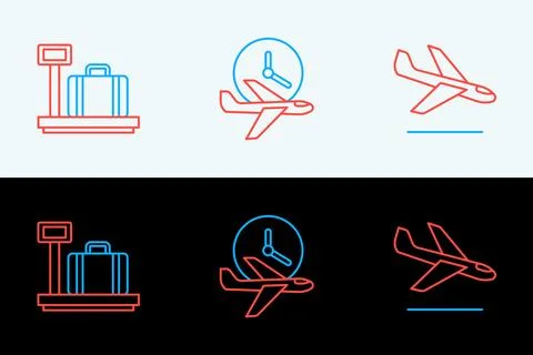 Set line Plane landing, Scale with suitcase and Flight time icon. Vector 스톡 일러스트