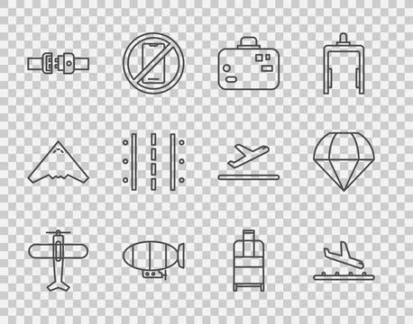 Set line Plane, landing, Suitcase, Airship, Safety belt, Airport runway, and Stock Illustration