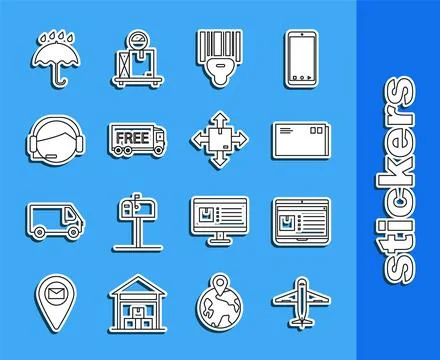 Set line Plane, Laptop with app delivery tracking, Envelope, Scanner scanning Stock Illustration