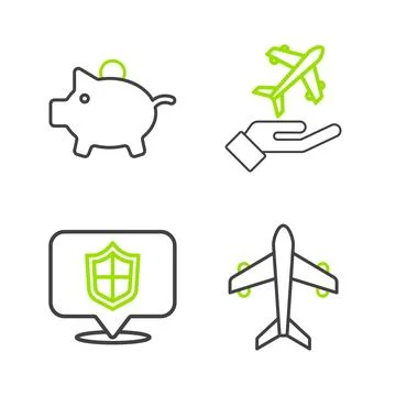 Set line Plane, Location shield, in hand and Piggy bank icon. Vector 스톡 일러스트