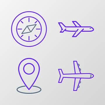 Set line Plane, Map pin, and Compass icon. Vector Stock Illustration
