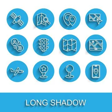 Set line Plane, Map pointer with star, Satellite, Push pin, City map navigation Stock Illustration