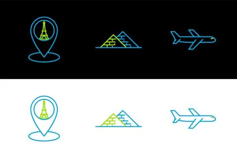 Set line Plane, Map pointer with Eiffel tower and Egypt pyramids icon. Vector Stock Illustration