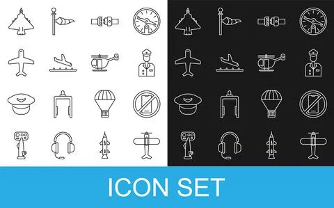 Set line Plane, No cell phone, Pilot, Safety belt, landing, Jet fighter and Illustrazione stock