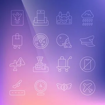 Set line Plane, No cell phone, Pilot hat, Aircraft steering helm, Radar with Illustrazione stock