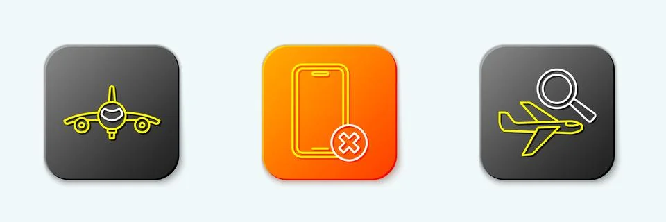Set line Plane, No cell phone and Airplane search icon. Vector 스톡 일러스트