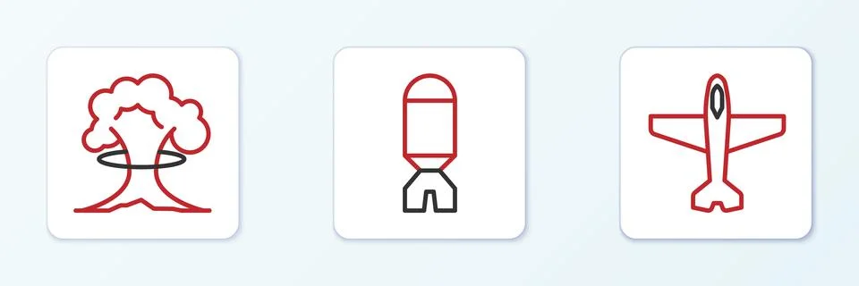 Set line Plane, Nuclear explosion and Rocket launcher icon. Vector Stock Illustration