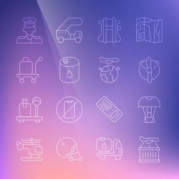 Set line Plane, Parachute, propeller, Barrel oil, Trolley baggage, Pilot and Illustrazione stock