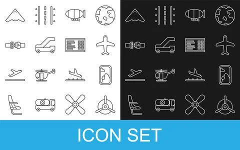 Set line Plane propeller, Airplane window, Airship, Passenger ladder for Stock Illustration