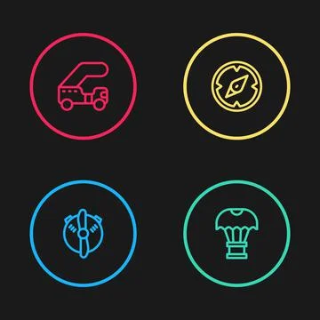 Set line Plane propeller, Box flying on parachute, Compass and Passenger ladder Stock Illustration