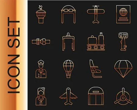 Set line Plane propeller, Parachute, Aircraft steering helm, Metal detector a Stock Illustration