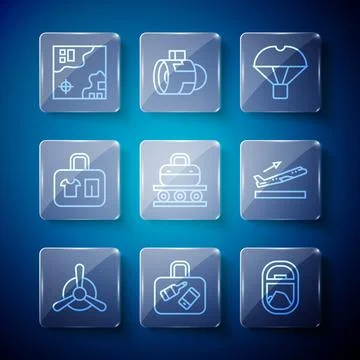 Set line Plane propeller, Suitcase, Airplane window, Box flying on parachut.. Stock Illustration