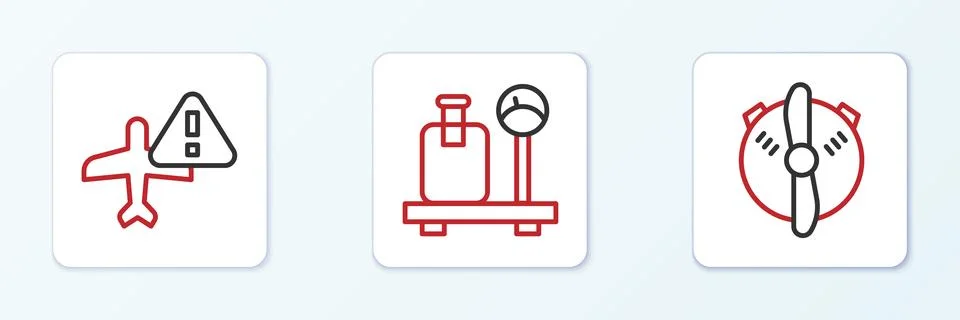 Set line Plane propeller, Warning aircraft and Scale with suitcase icon. Vect 스톡 일러스트