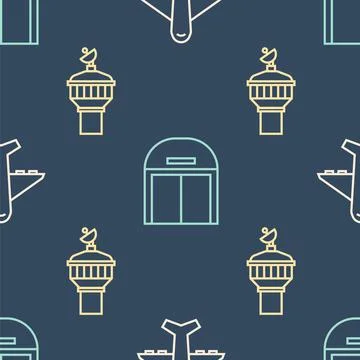 Set line Plane, Radar and Aircraft hangar on seamless pattern. Vector Ilustración de archivo