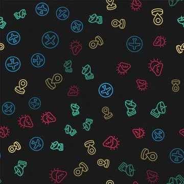 Set line Plane, Radar, Location and Sun and cloud weather on seamless pattern Illustrazione stock