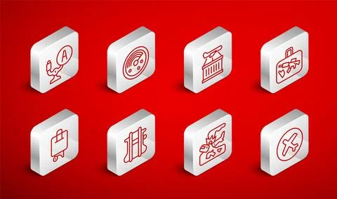 Set line Plane, Radar with targets on monitor, Suitcase, crash, Aircraft Stock Illustration