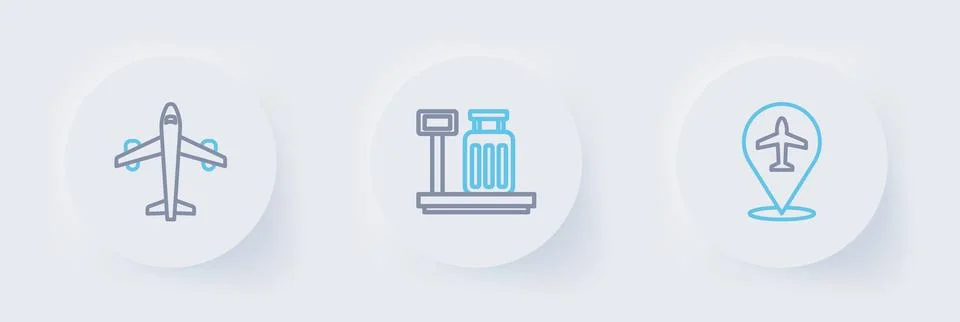 Set line Plane, Scale with suitcase and  icon. Vector Illustration