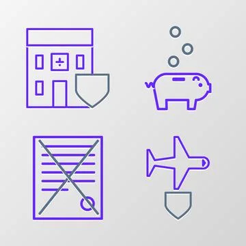 Set line Plane with shield, Delete file document, Piggy bank coin and Medic.. Stock Illustration
