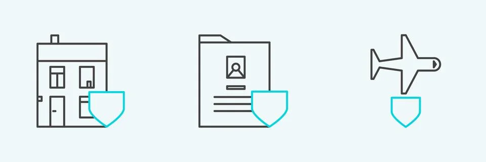 Set line Plane with shield, House and Document icon. Vector Stock Illustration