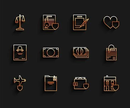 Set line Plane with shield, Personal folder, Scales of justice, Wallet and .. Stock Illustration