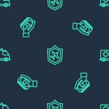 Set line Plane with shield, Stacks paper money cash and Emergency car on Stock Illustration