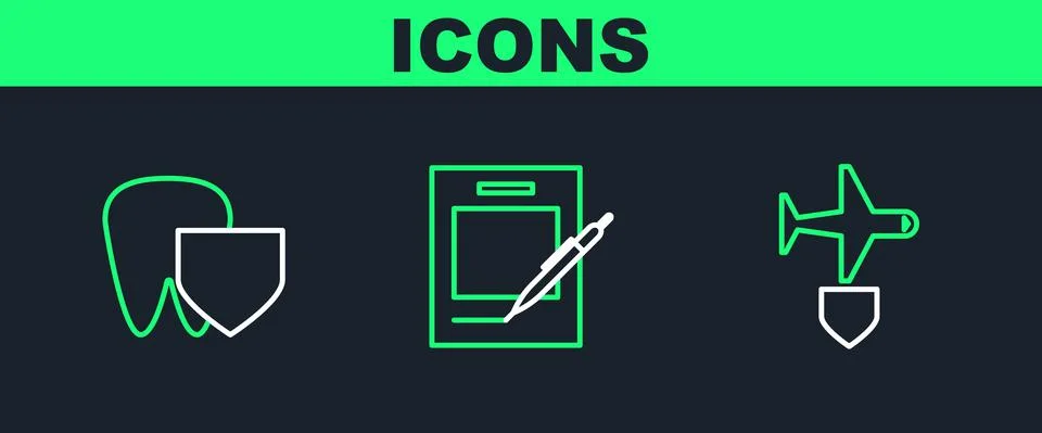Set line Plane with shield, Tooth and Blank notebook and pen icon. Vector Stock Illustration
