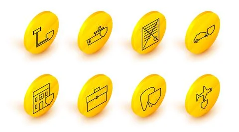 Set line Plane with shield, Tooth, Briefcase, Medical hospital building, Car Ilustración de archivo