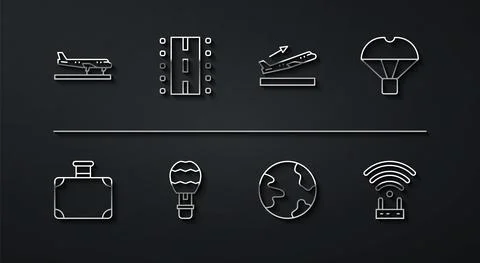Set line Plane, Suitcase, Box flying on parachute, Worldwide, Hot air balloon Illustrazione stock