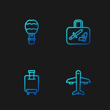 Set line Plane, Suitcase, Hot air balloon and . Gradient color icons. Vector Illustration