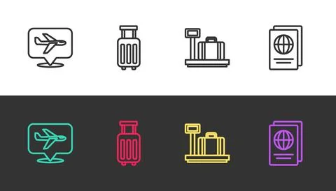 Set line Plane, Suitcase, Scale with suitcase and Passport on black and whi.. 스톡 일러스트