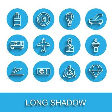 Set line Plane takeoff, Airline ticket, Suitcase, propeller, Parachute, Radar 库存插图