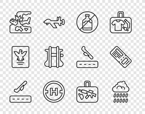 Set line Plane takeoff, Cloud with rain, No alcohol, Helicopter landing pad Stock Illustration