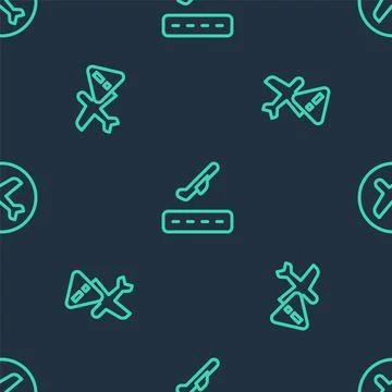 Set line Plane takeoff, Warning aircraft and on seamless pattern. Vector イラスト素材