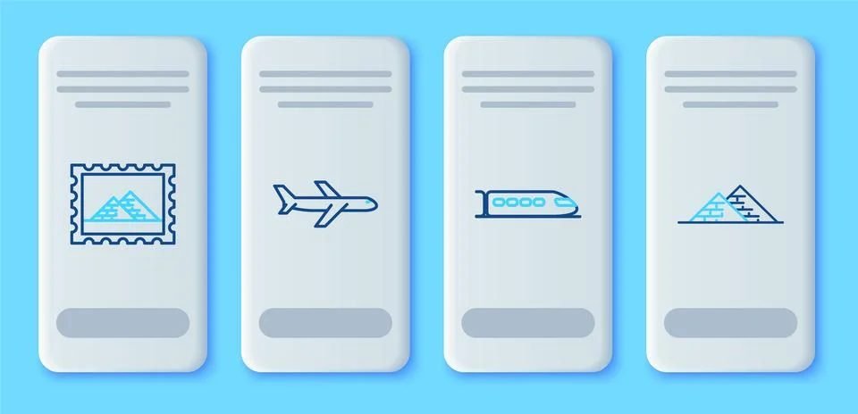 Set line Plane, Train, Postal stamp and Egypt pyramids and  icon. Vector 스톡 일러스트