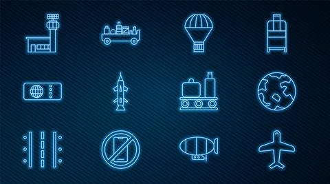 Set line Plane, Worldwide, Box flying on parachute, Rocket, Airline ticket Illustrazione stock