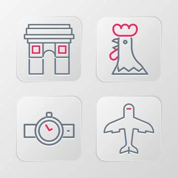 Set line Plane, Wrist watch, French rooster and Triumphal Arch icon. Vector Stock-Illustration