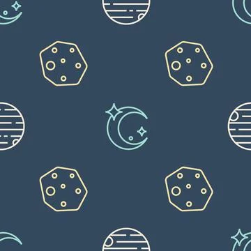 Set line Planet, Asteroid and Moon and stars on seamless pattern. Vector Ilustração Stock