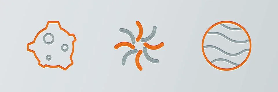 Set line Planet, Asteroid and Black hole icon. Vector Stock Illustration