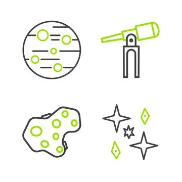 Set line Planet, Asteroid, Telescope and Mars icon. Vector Stock Illustration