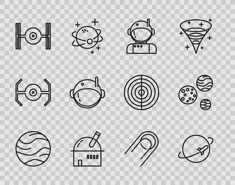 Set line Planet, Astronaut, Astronomical observatory, Cosmic ship, helmet, .. Stock Illustration