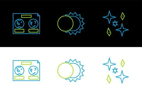 Set line Planet, Celestial map of the night sky and Eclipse sun icon. Vector 스톡 일러스트