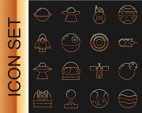 Set line Planet, Comet falling down fast, Robot, Death star, Rocket ship, Saturn 库存插图