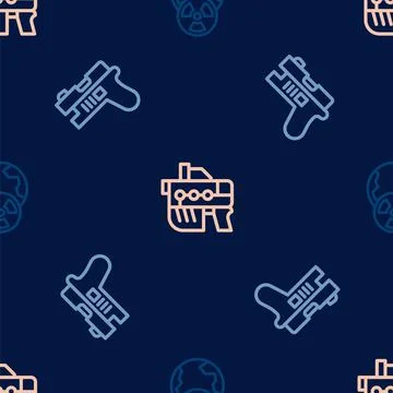 Set line Planet earth and radiation, Futuristic weapon and on seamless pattern Stock Illustration