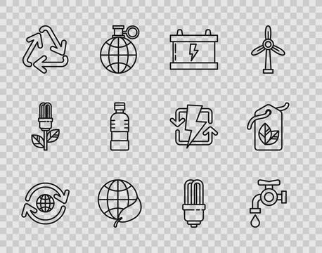 Set line Planet earth and a recycling, Water tap, Car battery, Earth globe .. Stock Illustration