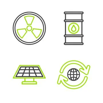 Set line Planet earth and a recycling, Solar energy panel, Oil barrel line .. Stock Illustration