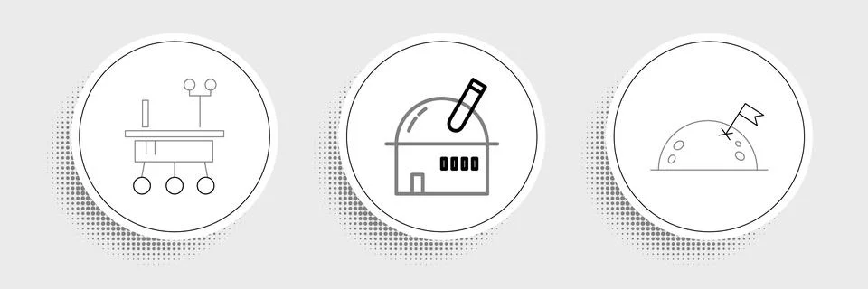 Set line Planet with flag, Mars rover and Astronomical observatory icon. Vect Stock Illustration