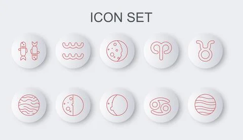 Set line Planet Jupiter, Venus, Eclipse of the sun, Cancer zodiac, Pisces, .. Illustrazione stock