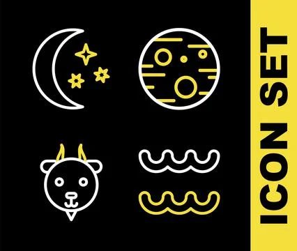 Set line Planet Mars, Aquarius zodiac, Aries and Moon and stars icon. Vector Ilustração Stock