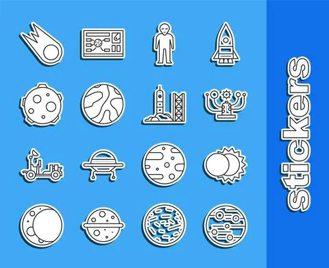 Set line Planet Mars, Eclipse of the sun, Solar system, Alien, Falling stars Illustrazione stock